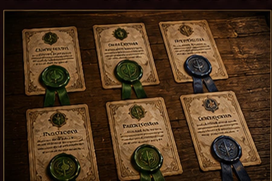 Grid layout of several wax-sealed card fronts, emerald and sapphire ribbons, aged parchment backdrop
