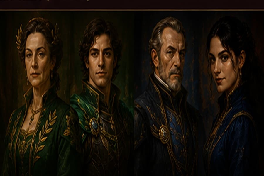 Four half-body character portraits arranged in a row, two emerald-toned and two sapphire-toned