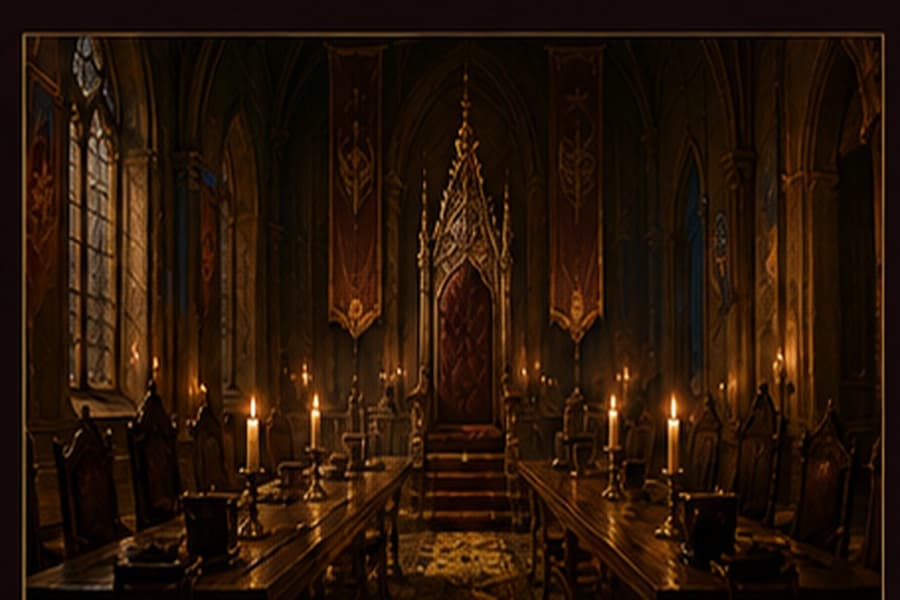 Wide illustration of a candlelit gothic council chamber with a long table and a throne at the far end