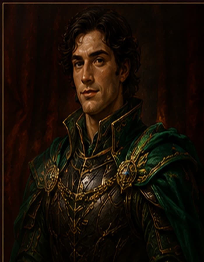 Portrait of Ser Cassian Verraine — younger, sharp-jawed, emerald-trimmed armor over formal court coat
