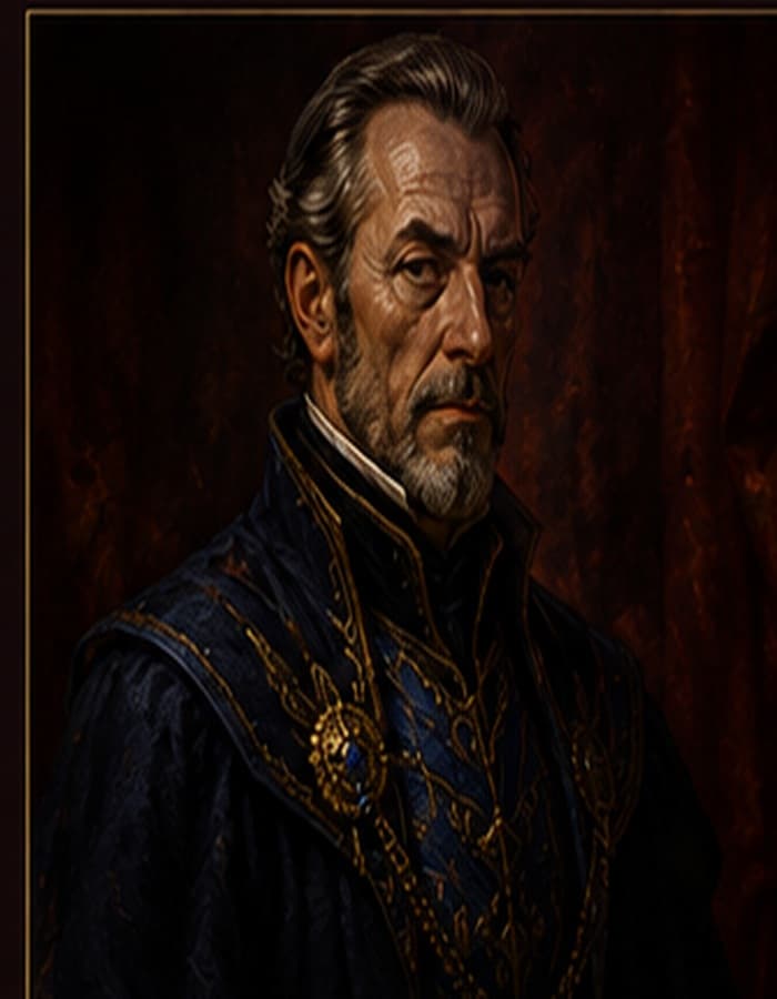 Portrait of Lord Edrick Oswyn — sharp modern-cut court attire, sapphire accents, calculating expression
