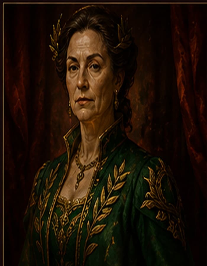 Portrait of Lady Isolde Verraine — regal, composed, emerald and gold formal court dress, direct gaze