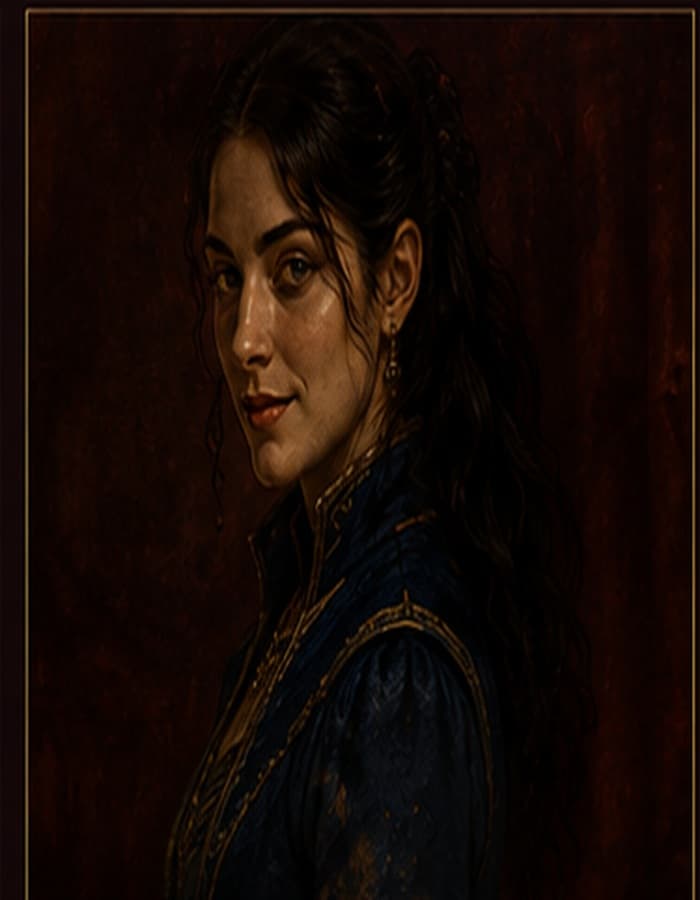 Portrait of Mira Oswyn — younger woman, sapphire-trimmed dark coat, half-shadowed face, knowing smile