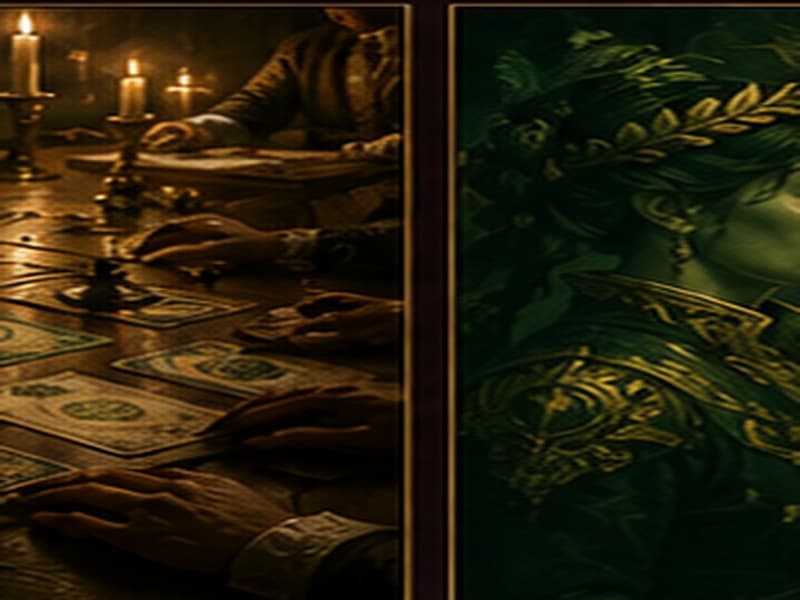 Dual portrait illustration split down the middle, emerald heraldry on one side and sapphire on the other