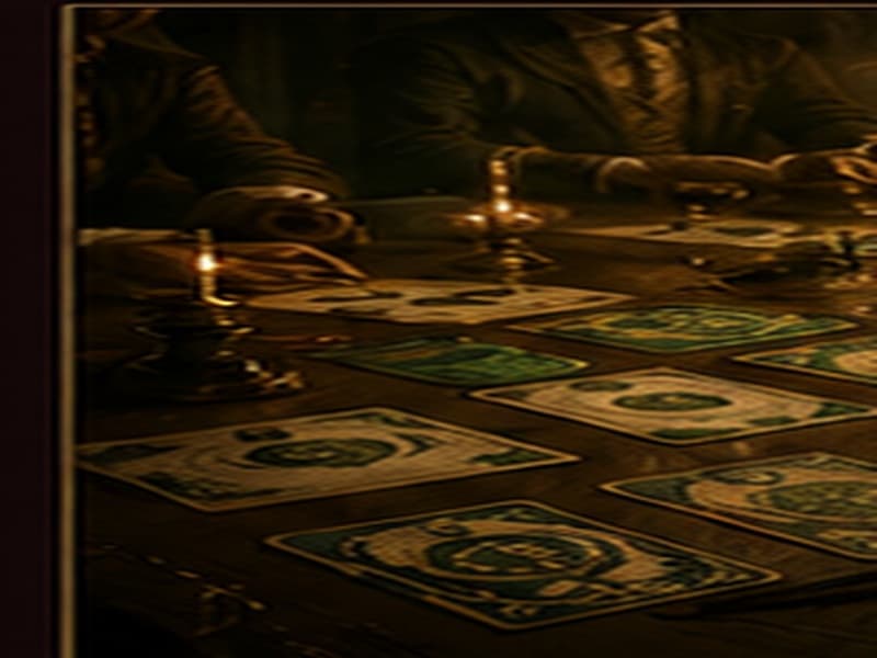 Illuminated manuscript-style illustration of a council chamber mid-session, hands laying cards on a long table